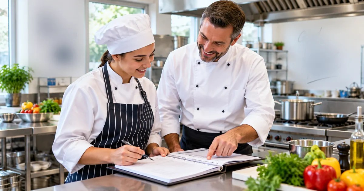 Chef apprentice reviewing a training logbook