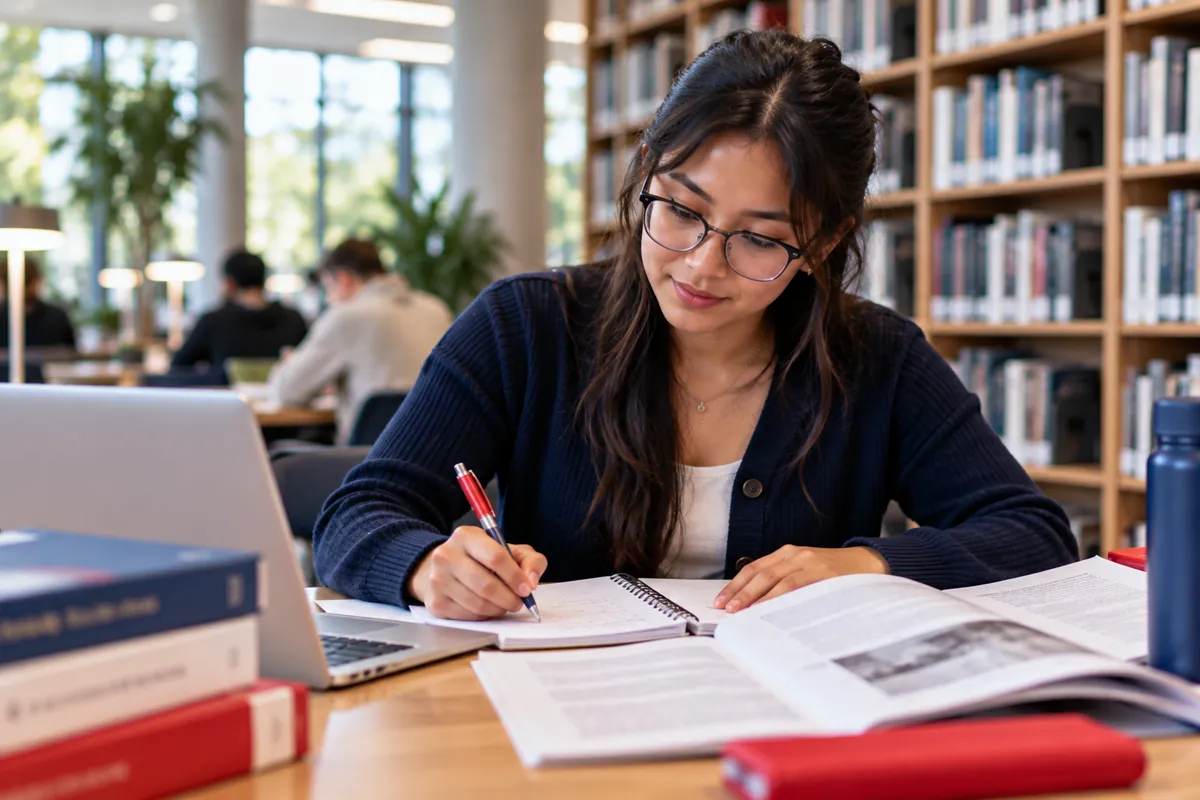 University student writing an assignment in a library