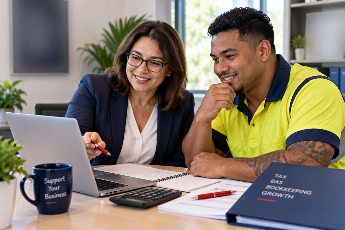 Tax adviser reviewing a BAS with a tradesperson on a laptop