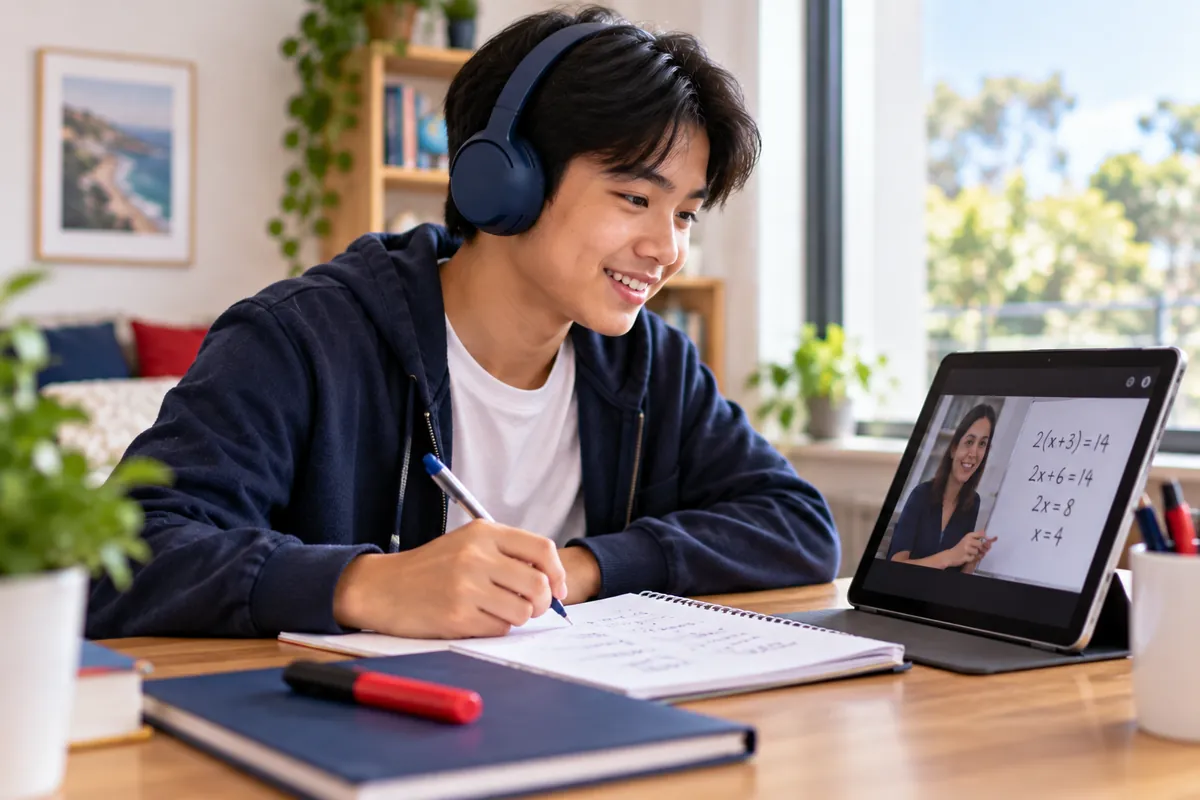 Tutor helping a high-school student with maths online