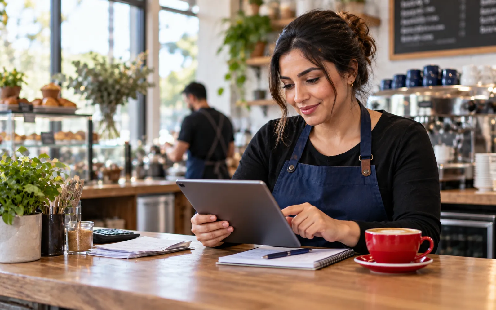Small café owner reviewing accounts on a tablet